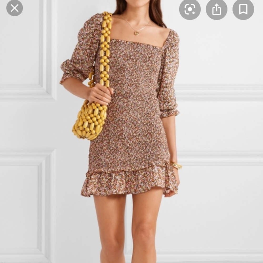 Faithfull the Brand Brown and Pink Ruffled Ruched Mini Dress